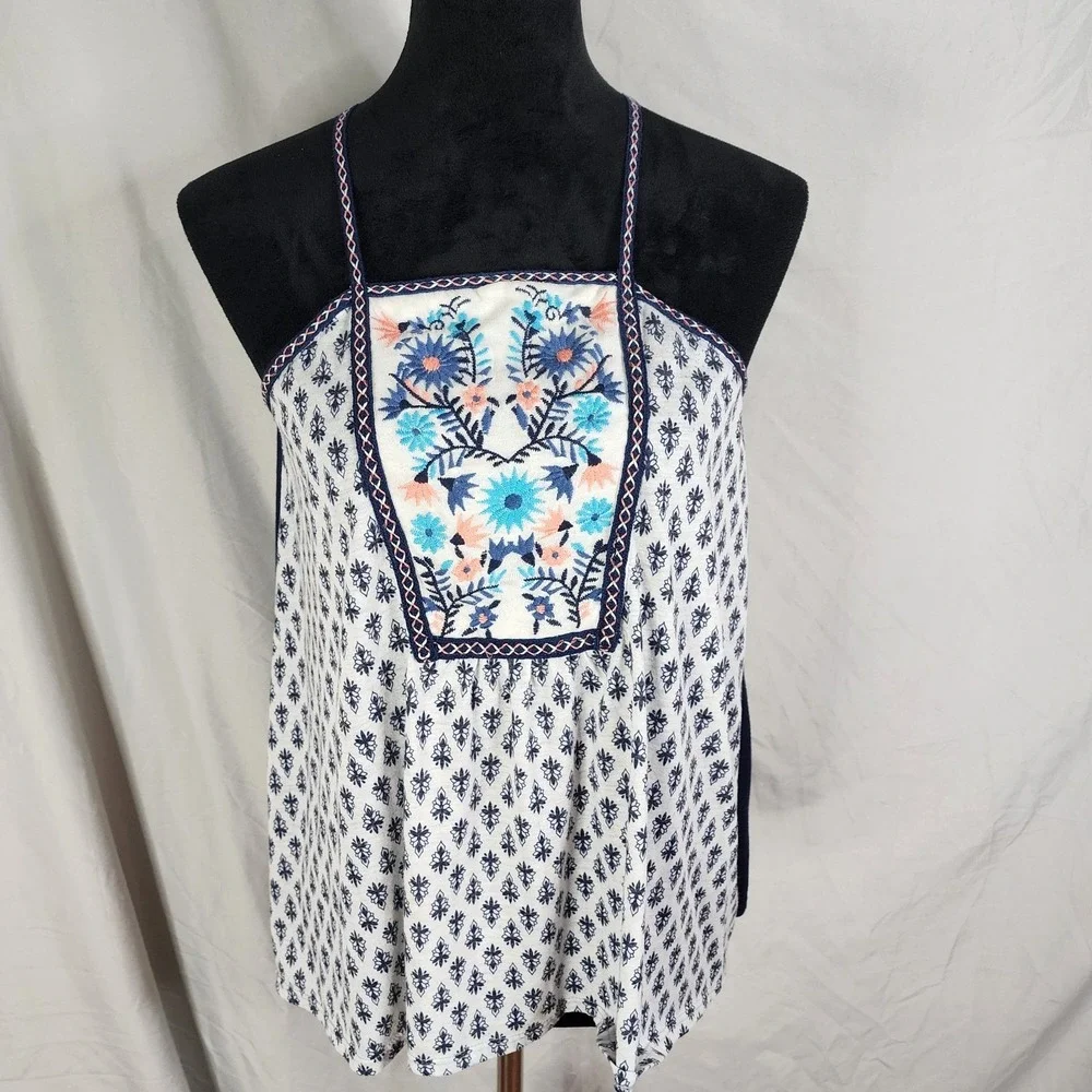 JOLT Size Medium Blue Floral Boho Beach Square Neck Pleated Strappy Tank Top EUC - Picture 2 of 10